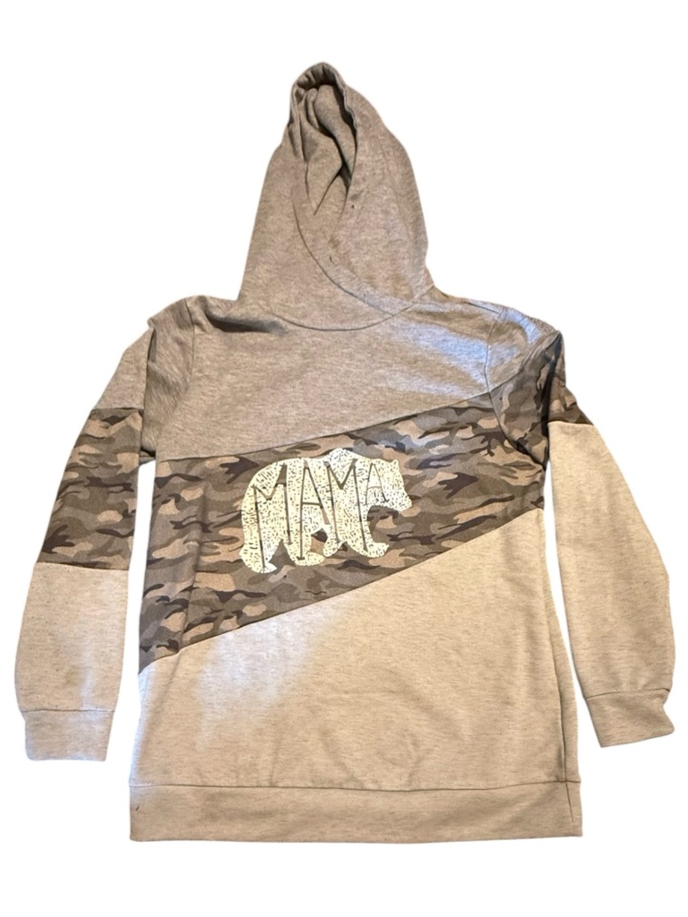 Mama Bear Camo Panel Hoodie - Tan Gray